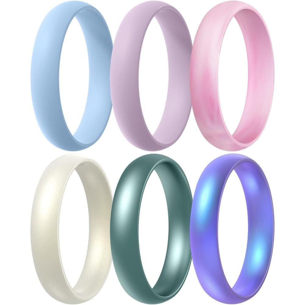 imageEgnaro Womens Silicone Band Rings 55mm Width 35mm Thickness Flexible Workout Rubber Wedding Sets Vaiours SizesSETB4Pink Camo  Lilac Purple  Sky Blue  Metallic Green  Metallic Pearl White  Metallic Starry Purple