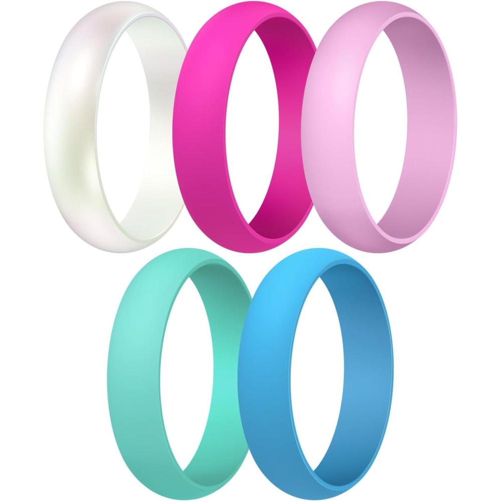 imageEgnaro Womens Silicone Band Rings 55mm Width 35mm Thickness Flexible Workout Rubber Wedding Sets Vaiours SizesSETB5Metallic Pearl White  Fairy Pink  Petal Pink  Mint Green  Chill Blue