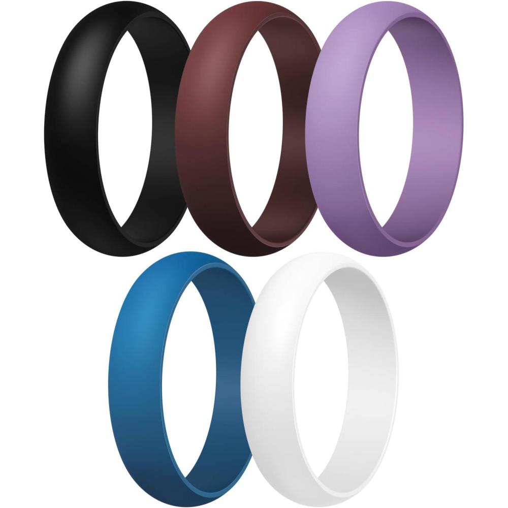 imageEgnaro Womens Silicone Band Rings 55mm Width 35mm Thickness Flexible Workout Rubber Wedding Sets Vaiours SizesSETB6Black  Caramel  Orchid Haze  Blue Jewel  White