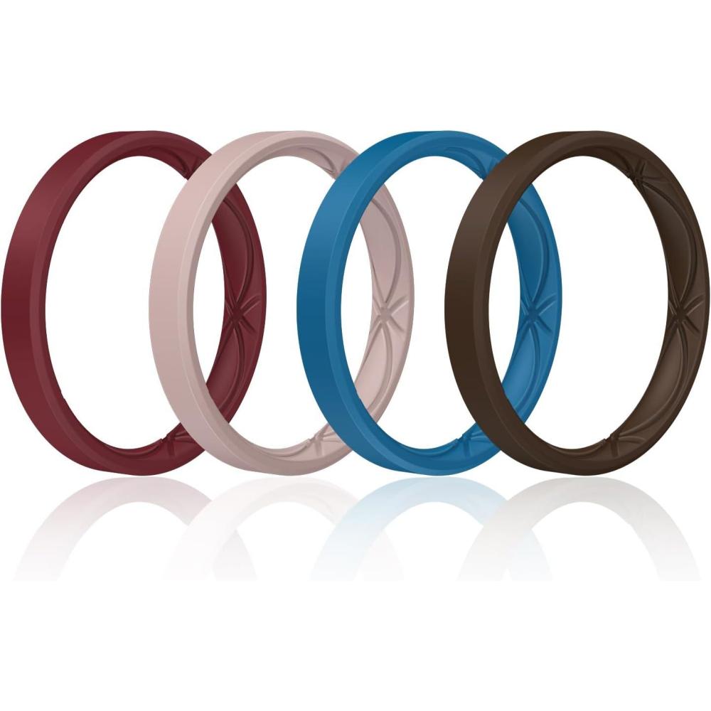 imageEgnaro Womens Silicone Stackable Rings 32mm Width Thin Rubber Wedding Bands For Her Flexible For WorkoutSETA2Crimson Light Pink Blue Jewel Dark Brown