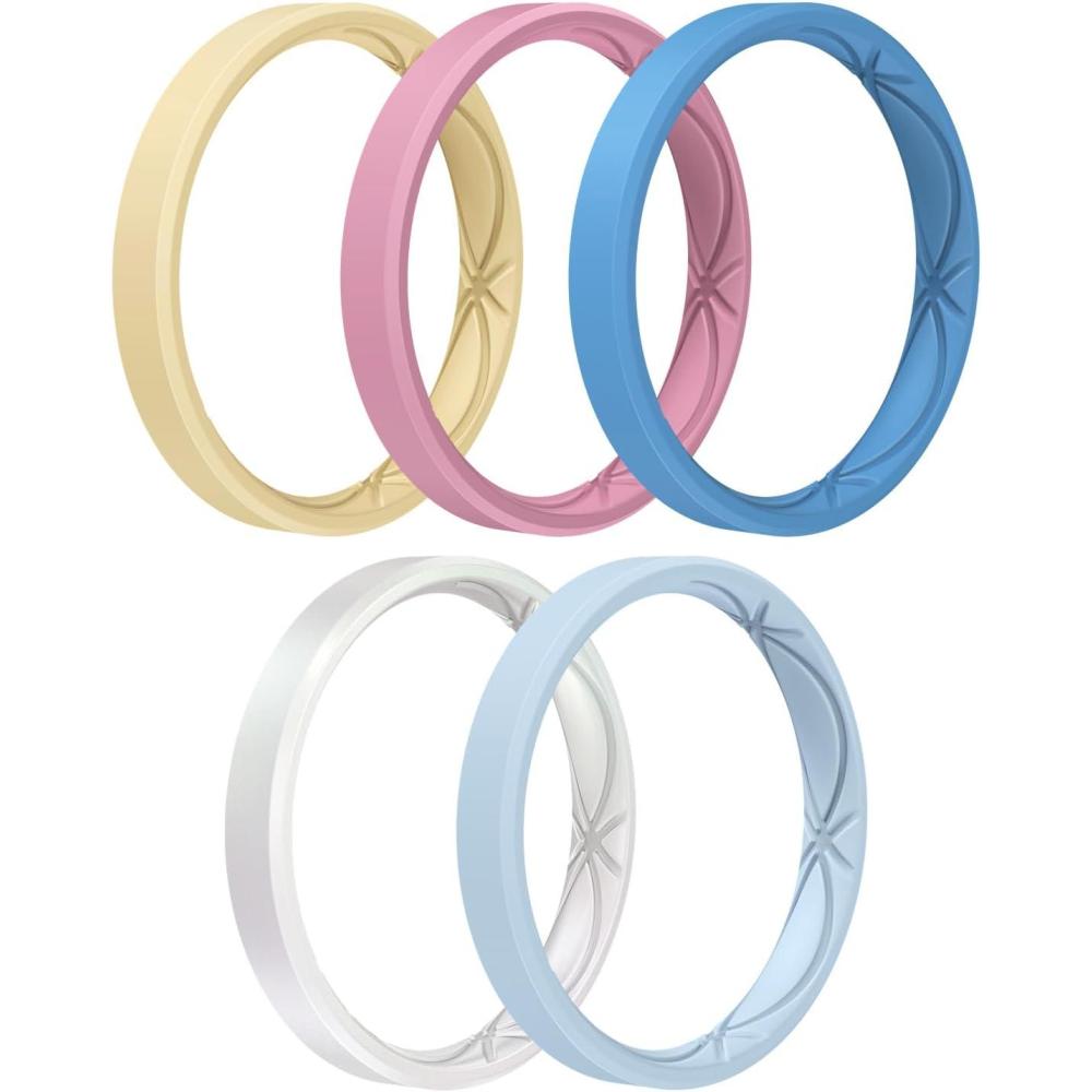 imageEgnaro Womens Silicone Stackable Rings 32mm Width Thin Rubber Wedding Bands For Her Flexible For WorkoutSETA4Sunlight Yellow Sweet Lilac Light Blue Deep Ultramarine Metallic Pearl White