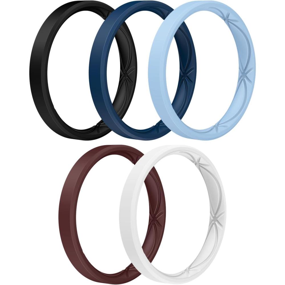 imageEgnaro Womens Silicone Stackable Rings 32mm Width Thin Rubber Wedding Bands For Her Flexible For WorkoutSETA5Black Classic Blue Sea Blue White Caramel