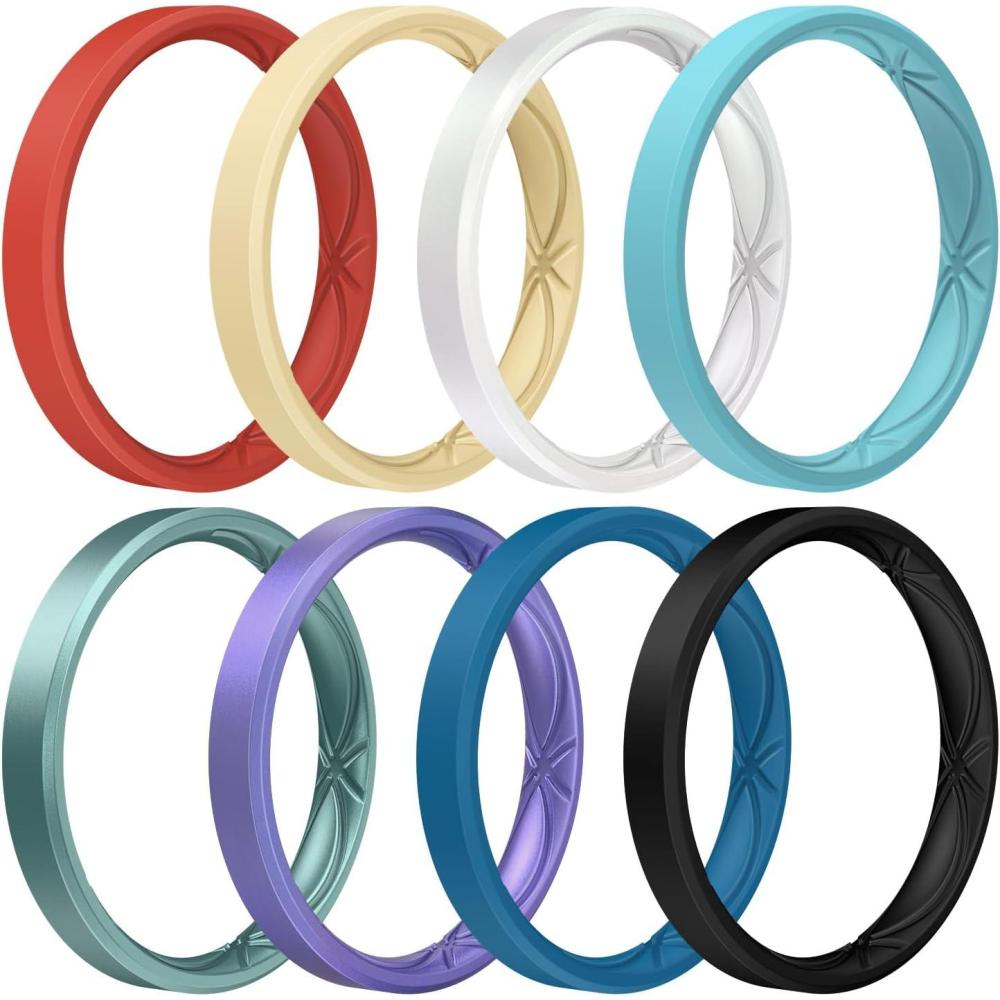 imageEgnaro Womens Silicone Stackable Rings 32mm Width Thin Rubber Wedding Bands For Her Flexible For WorkoutSETC1Cinnabar Red Sunlight Yellow Lapis Blue Dark Teal Metallic Pearl White Metallic Green Metallic Starry Purple Black