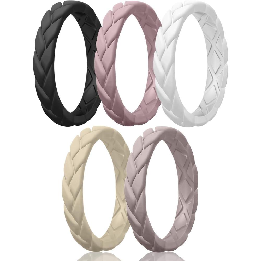 imageEgnaro Womens Silicone Stackable Rings 35mm Wide 2mm Thick Rubber Flexible Hypoallergenic Wedding Bands For Workout Leaf Braided FashionSETA4Black  Bright Peach  White  Cream Beige  Gray Pink