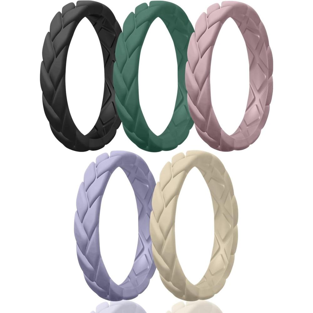 imageEgnaro Womens Silicone Stackable Rings 35mm Wide 2mm Thick Rubber Flexible Hypoallergenic Wedding Bands For Workout Leaf Braided FashionSETA5Black Fir Green Bright Peach Cloudy Blue Cream Beige