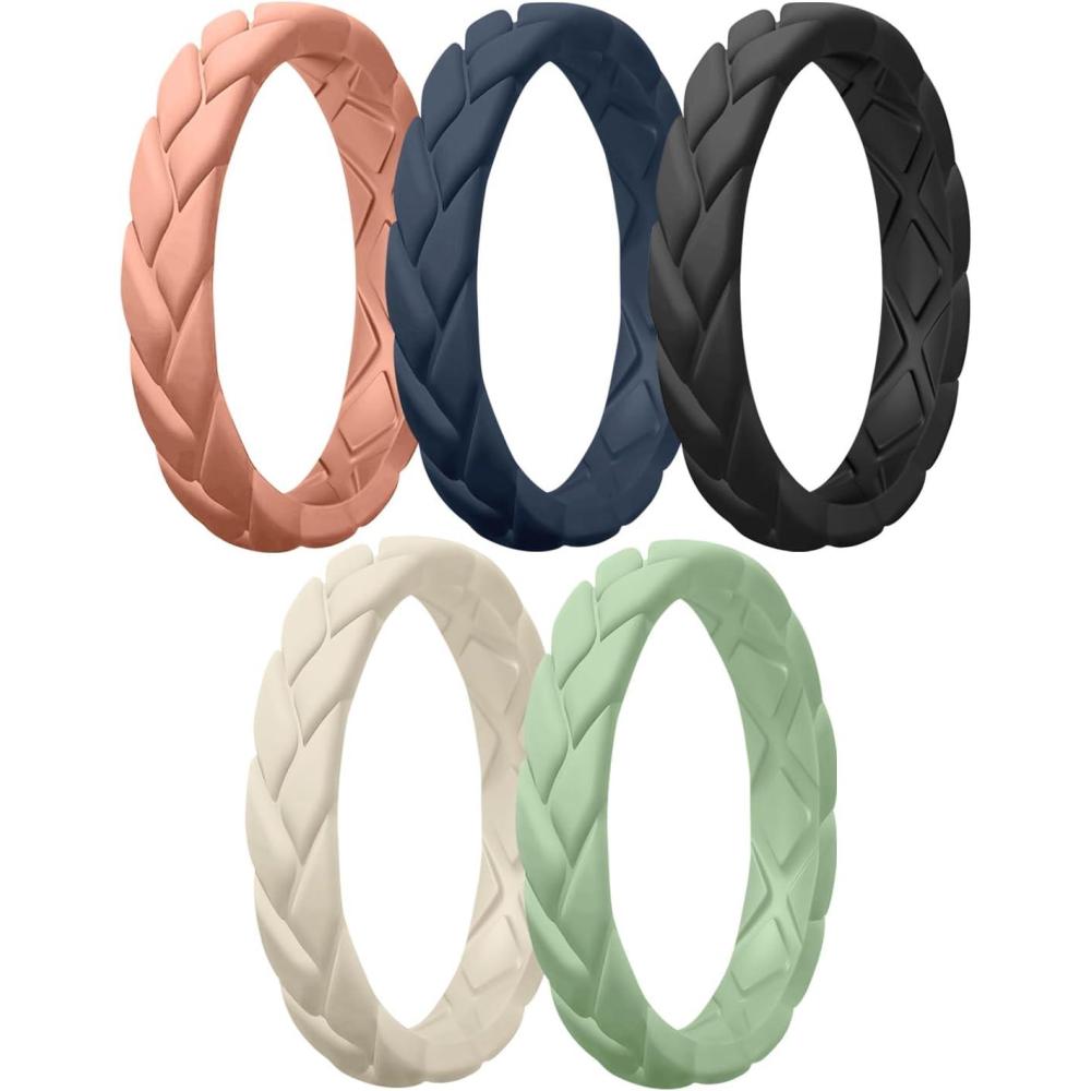 imageEgnaro Womens Silicone Stackable Rings 35mm Wide 2mm Thick Rubber Flexible Hypoallergenic Wedding Bands For Workout Leaf Braided FashionSETA6Dark Blue  Mist Green  Pumpkin  Beige  Black