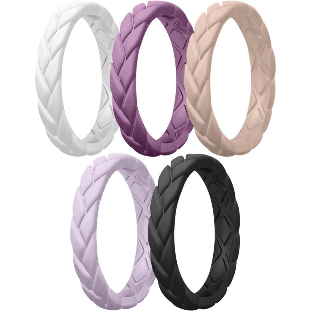 imageEgnaro Womens Silicone Stackable Rings 35mm Wide 2mm Thick Rubber Flexible Hypoallergenic Wedding Bands For Workout Leaf Braided FashionSETA7Black Orchid Haze White Light Pink Light Purple