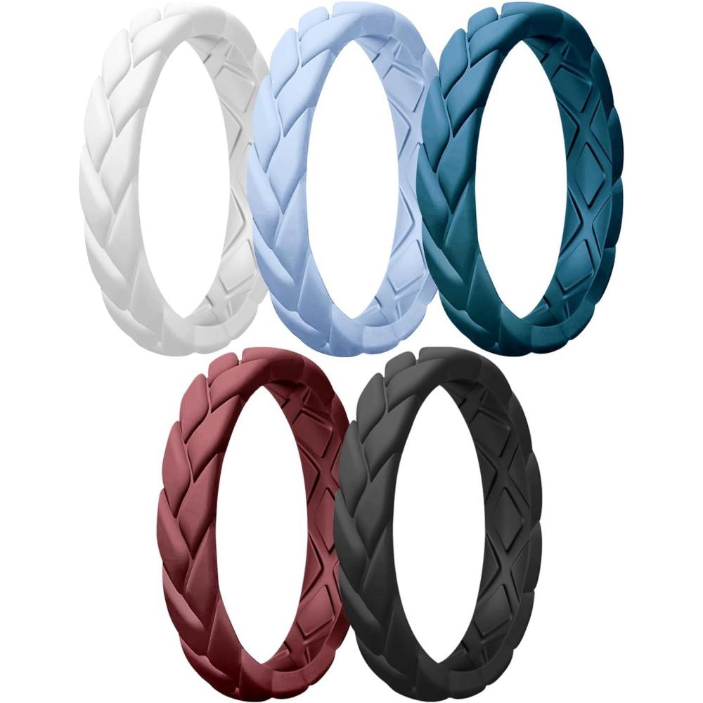 imageEgnaro Womens Silicone Stackable Rings 35mm Wide 2mm Thick Rubber Flexible Hypoallergenic Wedding Bands For Workout Leaf Braided FashionSETA81Maroon  Classic Blue  Blue Iris  White  Black