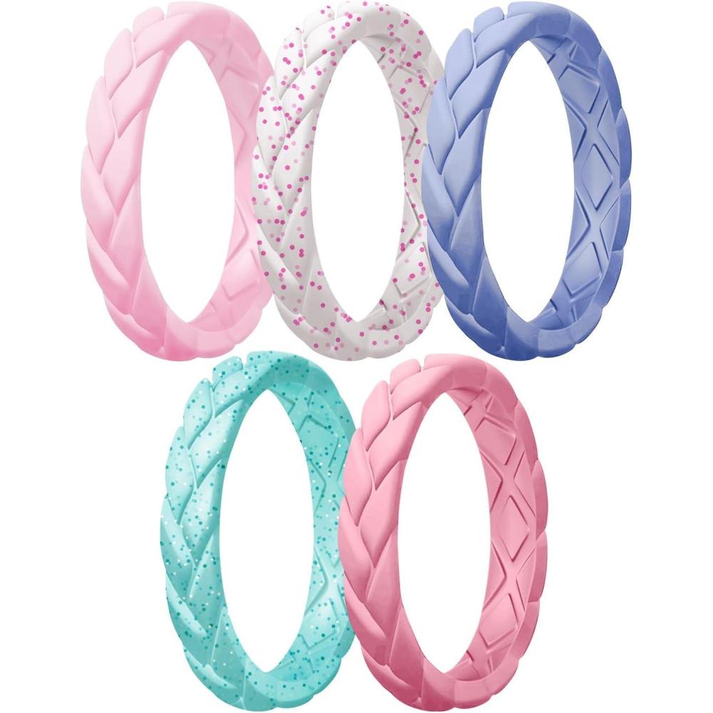 imageEgnaro Womens Silicone Stackable Rings 35mm Wide 2mm Thick Rubber Flexible Hypoallergenic Wedding Bands For Workout Leaf Braided FashionSETA9Faint Red  Petal Pink  Light PurpleBlue  Light Pink Sparkle  Green Blue Sparkle