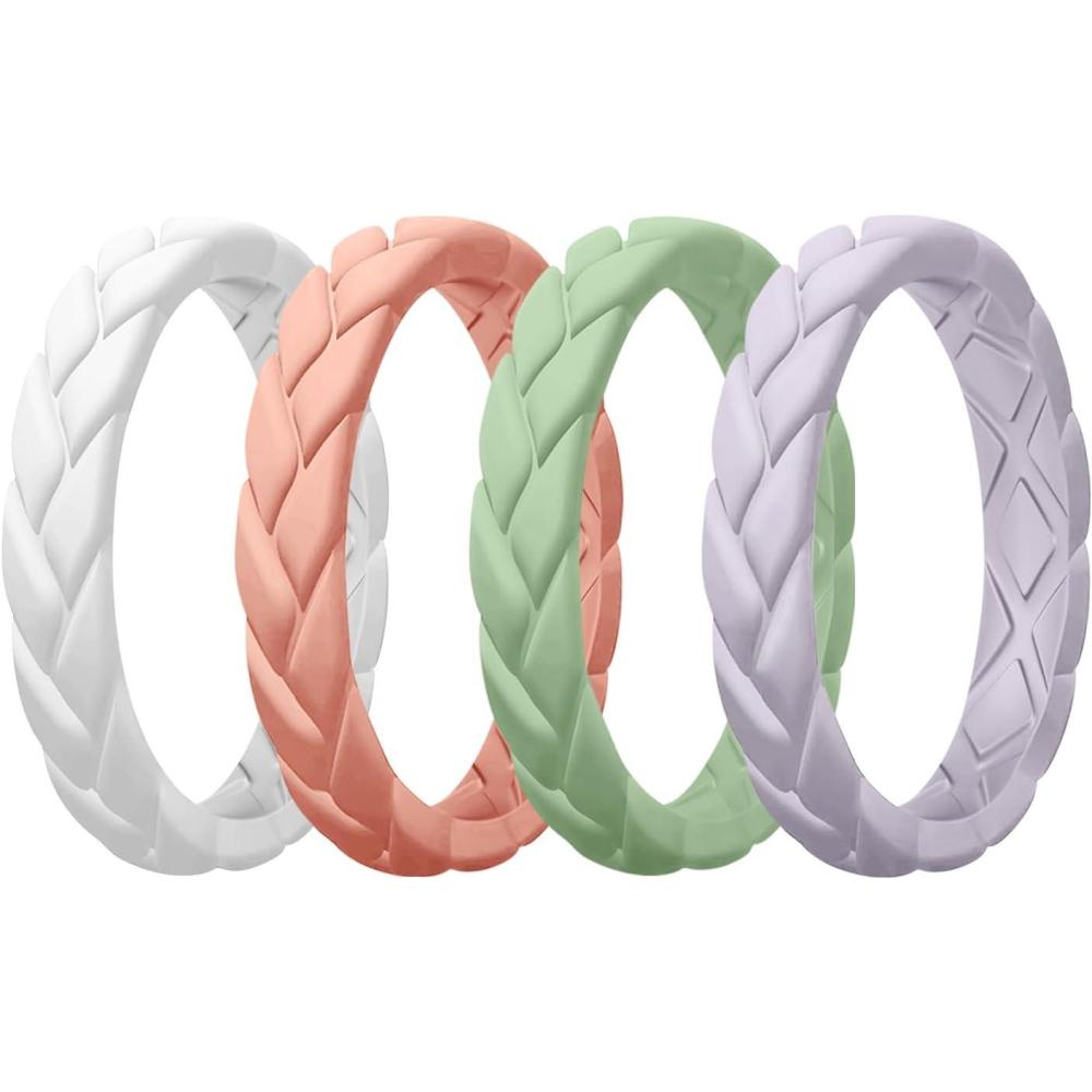 imageEgnaro Womens Silicone Stackable Rings 35mm Wide 2mm Thick Rubber Flexible Hypoallergenic Wedding Bands For Workout Leaf Braided FashionSETB3Coral Red  White  Mist Green  Lavender