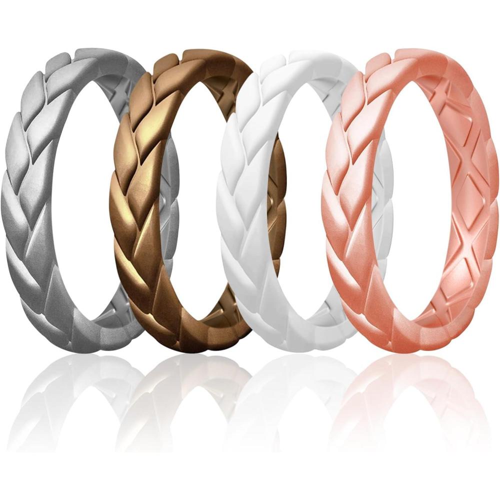 imageEgnaro Womens Silicone Stackable Rings 35mm Wide 2mm Thick Rubber Flexible Hypoallergenic Wedding Bands For Workout Leaf Braided FashionSETB4Silver Bronze White Rose Gold
