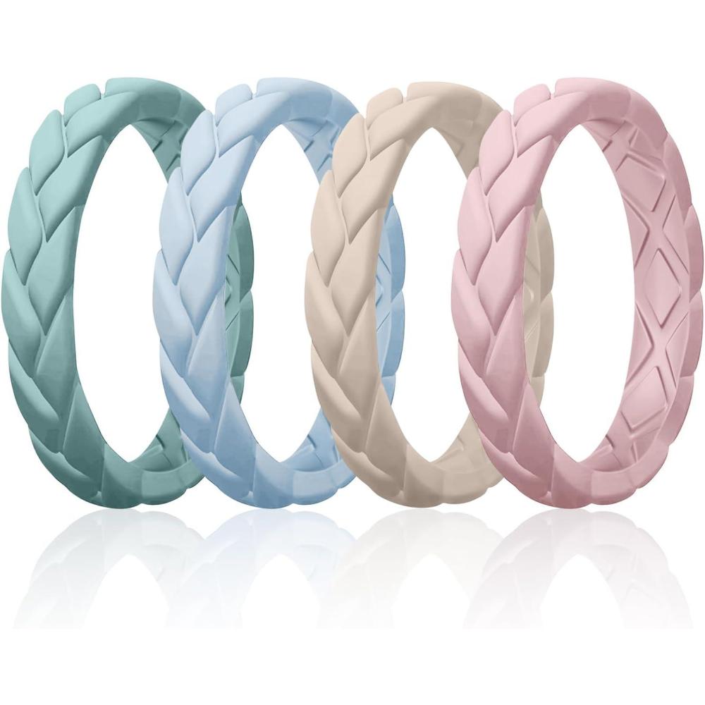 imageEgnaro Womens Silicone Stackable Rings 35mm Wide 2mm Thick Rubber Flexible Hypoallergenic Wedding Bands For Workout Leaf Braided FashionSETB6Light Green  Arctic Ice  Beige  Sand Pink
