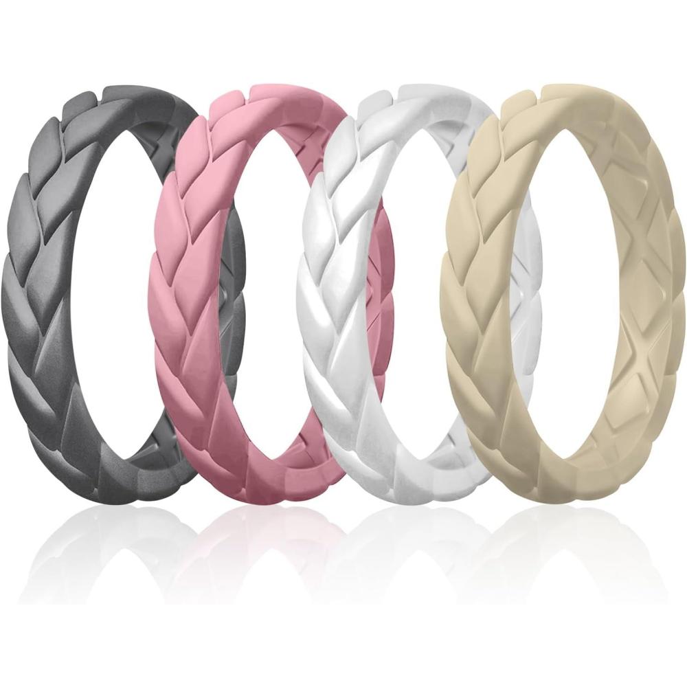 imageEgnaro Womens Silicone Stackable Rings 35mm Wide 2mm Thick Rubber Flexible Hypoallergenic Wedding Bands For Workout Leaf Braided FashionSETB8Dark Gray  Faint Red  Peal White  Cream Beige