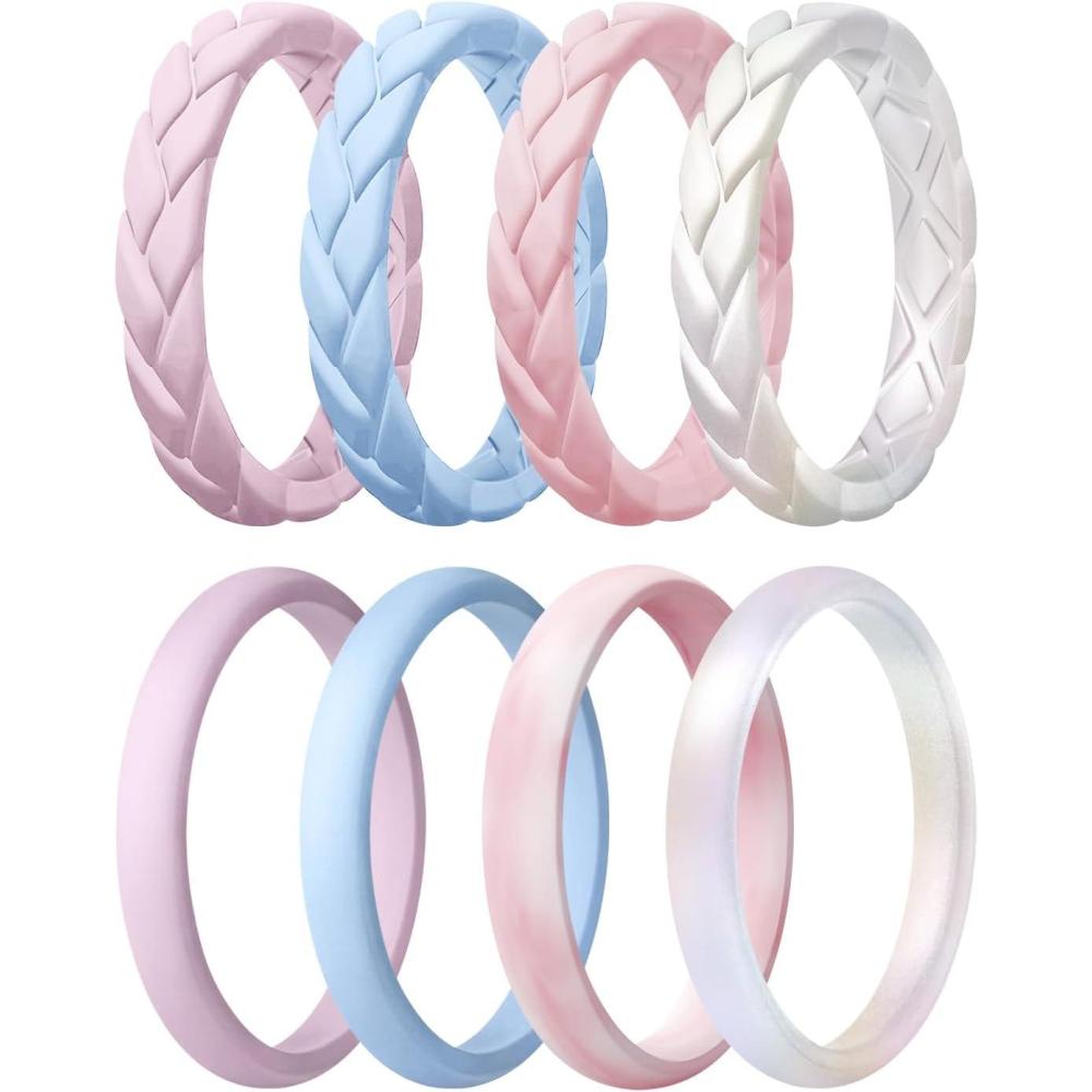 imageEgnaro Womens Silicone Stackable Rings 35mm Wide 2mm Thick Rubber Flexible Hypoallergenic Wedding Bands For Workout Leaf Braided FashionSETC4Pink Camo  Lilac Purple  Sky Blue  Pearl White