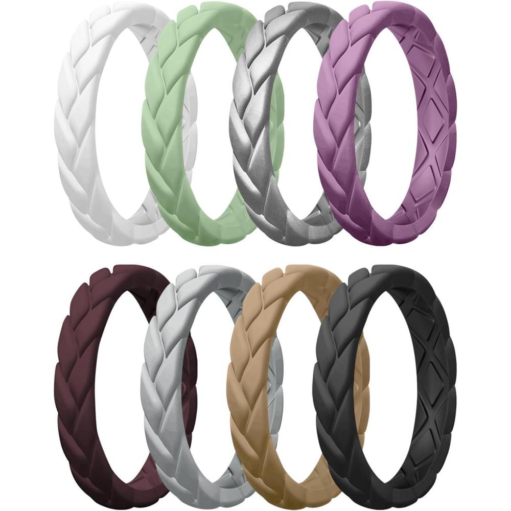 imageEgnaro Womens Silicone Stackable Rings 35mm Wide 2mm Thick Rubber Flexible Hypoallergenic Wedding Bands For Workout Leaf Braided FashionSETC5Orchid Haze  Frost Gray  Mist Green  Khaki Brown  Grape Purple  Black  Silver  White