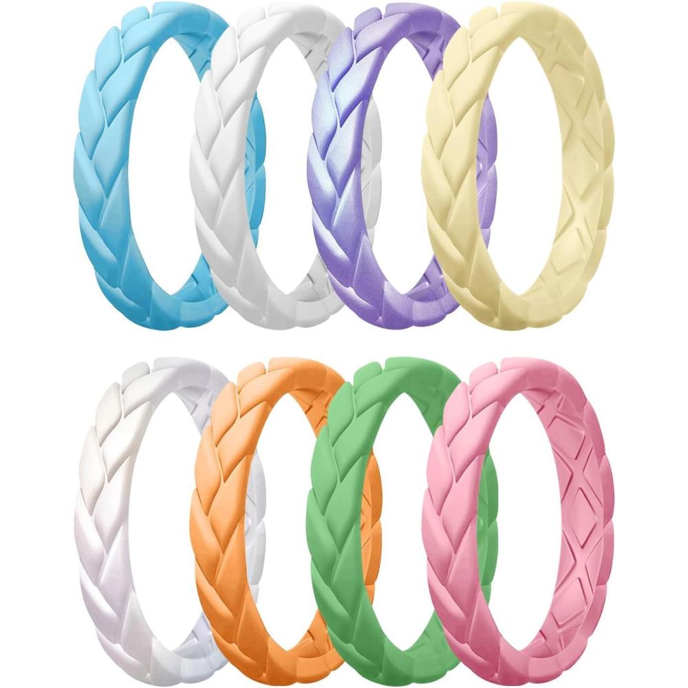 imageEgnaro Womens Silicone Stackable Rings 35mm Wide 2mm Thick Rubber Flexible Hypoallergenic Wedding Bands For Workout Leaf Braided FashionSETC8White Sunlight Yellow Coral Orange Faint Red Cedar Green Light Cyan Blue Metallic Starry Purple Pearl White