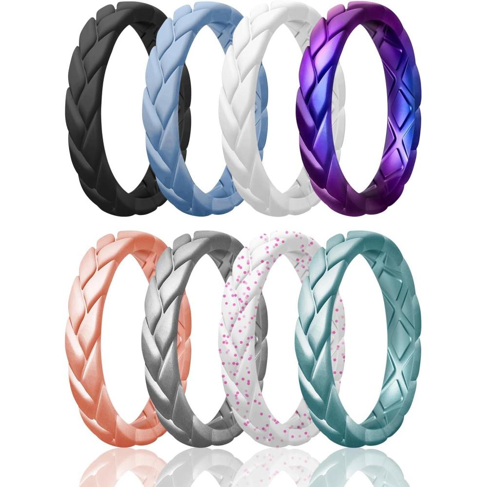 imageEgnaro Womens Silicone Stackable Rings 35mm Wide 2mm Thick Rubber Flexible Hypoallergenic Wedding Bands For Workout Leaf Braided FashionSETC9Black Pale Azure White Galaxy Rose Gold Silver White Pink Sparkle Metallic Green