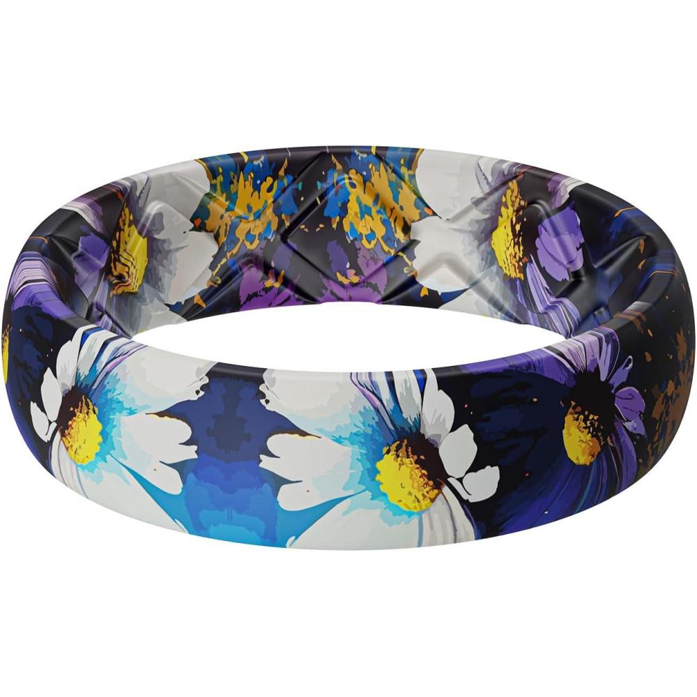 imageEgnaro Womens Silicone Statement Rings 52mm Wide 2mm Thick Rubber Printed Floral Wedding Bands For Her Size 412SETPDaisy