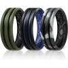 Egnaro Silicone Ring for Him with 2 Layers, Multicolor Rubber Wedding Bands with Air Flow Grooves-1/4/6/7 Variety Multipack(SETC1: Black-Dark Blue  Black Gray Camo-Black  Olive Green-Black)