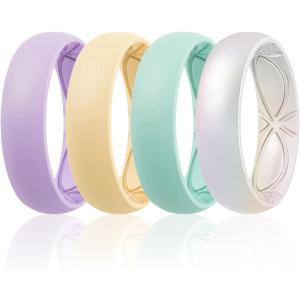 Egnaro 4/5/8 Variety Multipack Ergonomic Breathable Anniversary Rings, 6mm Wide – 2mm Thick Rubber Wedding bands women, silicone Rings Women with Half Size(SETI-Lilac Purple Sunlight Yellow Teal Metallic Pearl White)