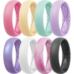 Egnaro 4/5/8 Variety Multipack Ergonomic Breathable Anniversary Rings, 6mm Wide – 2mm Thick Rubber Wedding bands women, silicone Rings Women with Half Size(SETK-Peach Pink Sunlight Yellow Teal Lilac Purple Pink Camo Black Gray White Metallic Starry Purple)