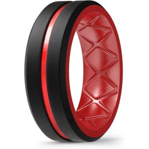 Egnaro Men’s Silicone Ring 1/4/6 Multipack, Workout Travel Rubber Wedding Bands For Him, 8mm Width 2mm Thickness(D2-Black/Red)