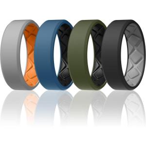 Egnaro Men’s Silicone Rings, 7.5mm Wide 2.5mm Thick Rubber Bands For Him, Ergonomic Beveled Edge Two Tone Waterproof Workout Accessories(SETA2-White Gray/Orange  Twilight Blue/Black  Olive Green/Black  Black/Light Gray)