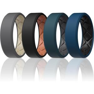 Egnaro Men’s Silicone Rings, 7.5mm Wide 2.5mm Thick Rubber Bands For Him, Ergonomic Beveled Edge Two Tone Waterproof Workout Accessories(SETA6-Dark Gray/Greige  Teal Blue/Black Gray  Sea Blue/Black  Black/Pumpkin)