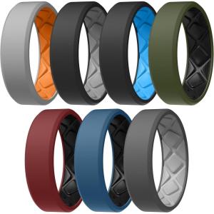 Egnaro Men’s Silicone Rings, 7.5mm Wide 2.5mm Thick Rubber Bands For Him, Ergonomic Beveled Edge Two Tone Waterproof Workout Accessories(SETB1-White Gray/Orange  Black/Light Gray  Black/Sky Blue  Olive Green/Black  Maroon/Black  Twilight Blue/Black  Black/White Gray)