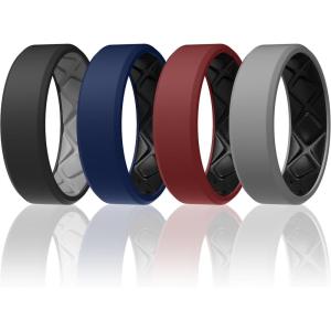 Egnaro Men’s Silicone Rings, 7.5mm Wide 2.5mm Thick Rubber Bands For Him, Ergonomic Beveled Edge Two Tone Waterproof Workout Accessories(SETB3-Black/Light Gray  Dark Blue/Black  Maroon/Black  Light Gray/Black)