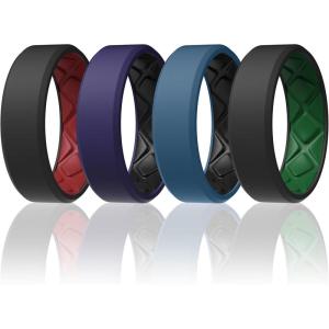 Egnaro Men’s Silicone Rings, 7.5mm Wide 2.5mm Thick Rubber Bands For Him, Ergonomic Beveled Edge Two Tone Waterproof Workout Accessories(SETB5-Black/Crimson  Black Purple/Black  Twilight Blue/Black  Black/Emerald Green)