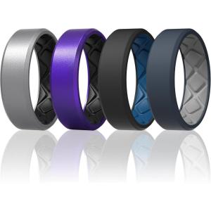 Egnaro Men’s Silicone Rings, 7.5mm Wide 2.5mm Thick Rubber Bands For Him, Ergonomic Beveled Edge Two Tone Waterproof Workout Accessories(SETR2-Silver/Black  Black/Elegant Blue  Metallic Purple/Black  Blue Gray/Light Gray)
