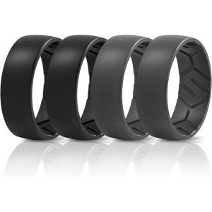 Egnaro Men’s Silicone Rings 8mm Wide 2.2mm Thick Rubber Wedding Bands, 1/4/5/6/7 Multipack of Breathable Patent-Pending Design(SETA-Black Black Black Gray Black Gray)