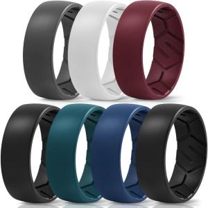 Egnaro Men’s Silicone Rings 8mm Wide 2.2mm Thick Rubber Wedding Bands, 1/4/5/6/7 Multipack of Breathable Patent-Pending Design(SETD-White Black Gray Maroon Deep Blue Dark Blue Black Black)