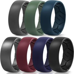 Egnaro Men’s Silicone Rings 8mm Wide 2.2mm Thick Rubber Wedding Bands, 1/4/5/6/7 Multipack of Breathable Patent-Pending Design(SETF-Black Gray Ink Green Twilight Blue Dark Silver Maroon Black Purple Black)