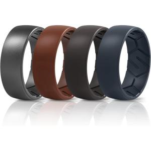 Egnaro Men’s Silicone Rings 8mm Wide 2.2mm Thick Rubber Wedding Bands, 1/4/5/6/7 Multipack of Breathable Patent-Pending Design(SETG-Dark Silver Tan Greyish Brown Blue Gray)