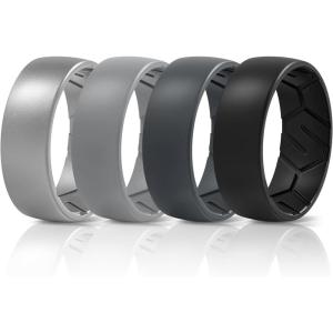 Egnaro Men’s Silicone Rings 8mm Wide 2.2mm Thick Rubber Wedding Bands, 1/4/5/6/7 Multipack of Breathable Patent-Pending Design(SETL-Silver Light Gray Dark Gray Black)