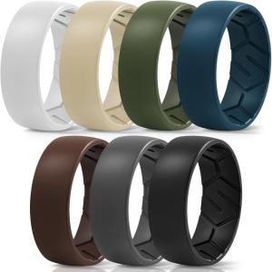 Egnaro Men’s Silicone Rings 8mm Wide 2.2mm Thick Rubber Wedding Bands, 1/4/5/6/7 Multipack of Breathable Patent-Pending Design(SETR-White Greige Navy blue Olive Green Dark Brown Black Gray Black)