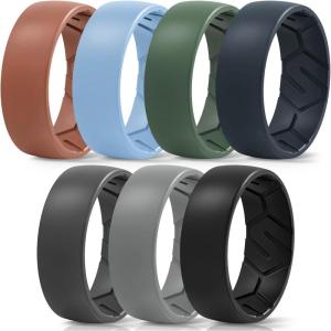 Egnaro Men’s Silicone Rings 8mm Wide 2.2mm Thick Rubber Wedding Bands, 1/4/5/6/7 Multipack of Breathable Patent-Pending Design(SETS-Light Gray Blue Pumpkin Ink Green Blue Gray Black Gray Black)