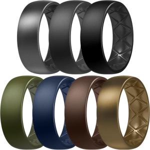 Egnaro Men’s Silicone Rings 8mm Wide 2.5mm Thick, Multipack Ergonomic Rubber Wedding Bands For Him, Breathable Grooves For Workout(SETA2-Dark Silver  Black Gray  Black  Olive Green  Midnight Blue  Dark Brown  Bronze)
