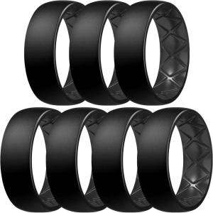 Egnaro Men’s Silicone Rings 8mm Wide 2.5mm Thick, Multipack Ergonomic Rubber Wedding Bands For Him, Breathable Grooves For Workout(SETA4-Black x7)