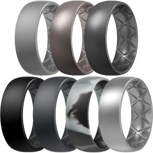 Egnaro Men’s Silicone Rings 8mm Wide 2.5mm Thick, Multipack Ergonomic Rubber Wedding Bands For Him, Breathable Grooves For Workout(SETA5-Light Gray  Metallic Gun  Dark Silver  Black  Black Gray  Black Grey Camo  Silver)