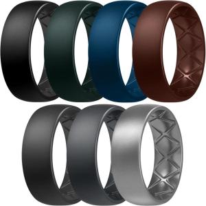 Egnaro Men’s Silicone Rings 8mm Wide 2.5mm Thick, Multipack Ergonomic Rubber Wedding Bands For Him, Breathable Grooves For Workout(SETA7-Black  Pine Green  Sea Blue  Chestnut Red  Black Gray  Dark Gray  Silver)