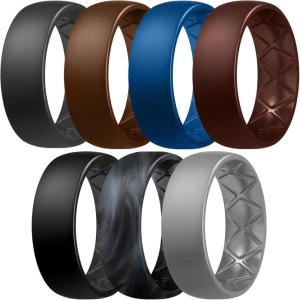 Egnaro Men’s Silicone Rings 8mm Wide 2.5mm Thick, Multipack Ergonomic Rubber Wedding Bands For Him, Breathable Grooves For Workout(SETB11-Black Gray  Warm Brown  Starry Blue  Chestnut Red  Black  Black Gray Black Camo  Light Gray)