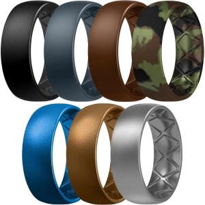 Egnaro Men’s Silicone Rings 8mm Wide 2.5mm Thick, Multipack Ergonomic Rubber Wedding Bands For Him, Breathable Grooves For Workout(SETB12-Black  Blue Gray  Warm Brown  Army Camo  Metallic Royal Blue  Metallic Brown  Silver)