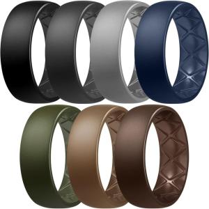Egnaro Men’s Silicone Rings 8mm Wide 2.5mm Thick, Multipack Ergonomic Rubber Wedding Bands For Him, Breathable Grooves For Workout(SETB1-Black  Black Gray  Light Gray  Midnight Blue  Olive Green  Light Brown  Dark Brown)