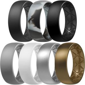 Egnaro Men’s Silicone Rings 8mm Wide 2.5mm Thick, Multipack Ergonomic Rubber Wedding Bands For Him, Breathable Grooves For Workout(SETB6-Dark Gray  Black Gray Camo  Black  Light Gray  White  Silver  Bronze)