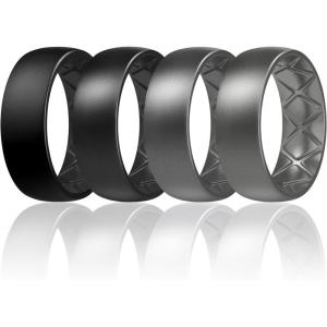 Egnaro Men’s Silicone Rings 8mm Wide 2.5mm Thick, Multipack Ergonomic Rubber Wedding Bands For Him, Breathable Grooves For Workout(SETC4-Black  Metallic Black  Metallic Black Gray  Steel)