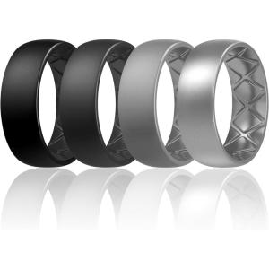 Egnaro Men’s Silicone Rings 8mm Wide 2.5mm Thick, Multipack Ergonomic Rubber Wedding Bands For Him, Breathable Grooves For Workout(SETC5-Black  Black Gray  Light Gray  Silver)