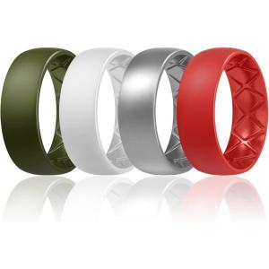 Egnaro Men’s Silicone Rings 8mm Wide 2.5mm Thick, Multipack Ergonomic Rubber Wedding Bands For Him, Breathable Grooves For Workout(SETC6-Olive Green  White  Silver  Red)